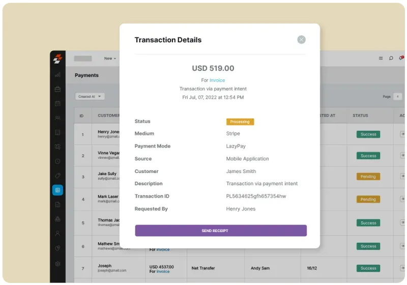 Invoice management dashboard showing digital payment statuses and billing details