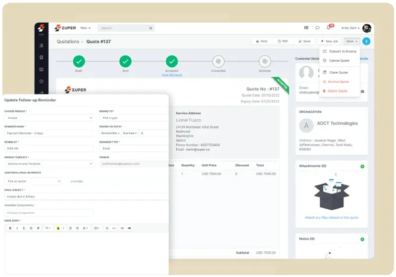 Automated follow-up timeline showing estimate reminders and approvals