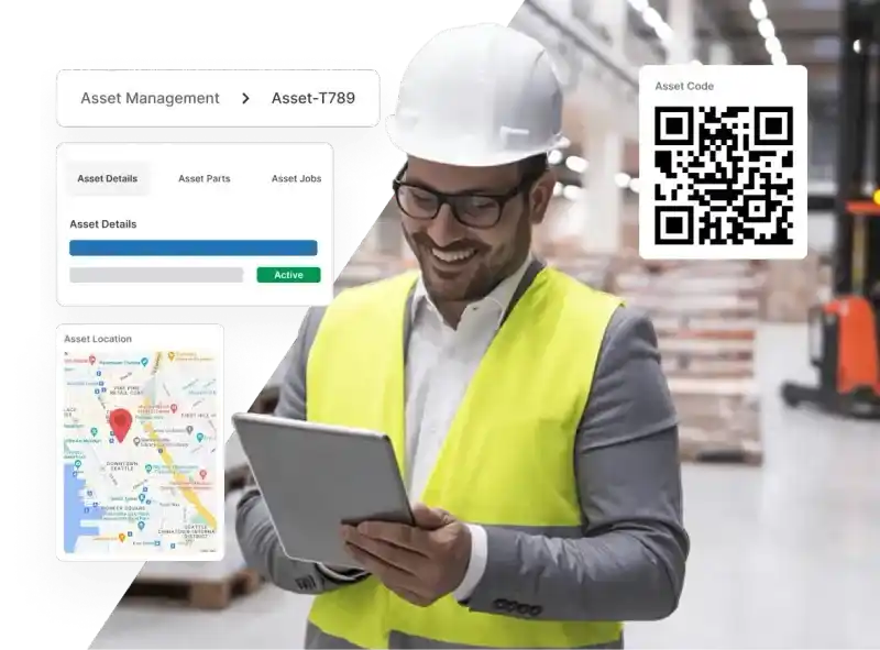 Field service asset management dashboard showing assets, locations, and maintenance status