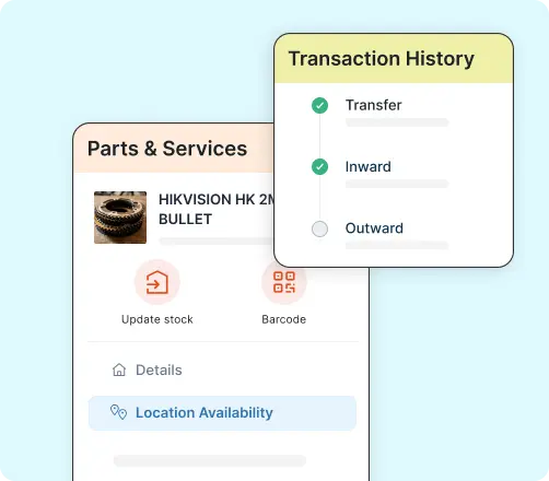 Parts catalog showing organized inventory items with categories, SKUs, and stock quantities