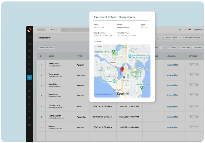 Mobile timesheet interface showing clock-in and GPS location tracking
