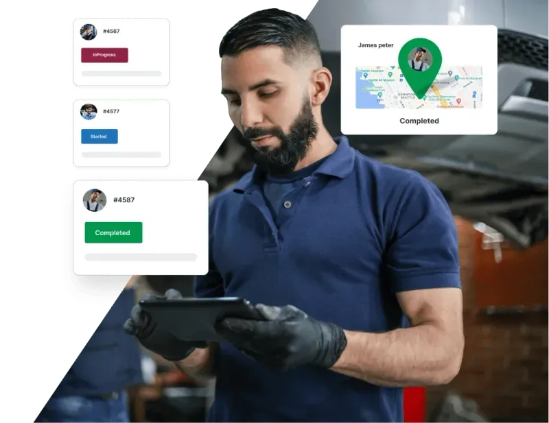 Work order management dashboard showing active jobs, technician assignments, and job statuses
